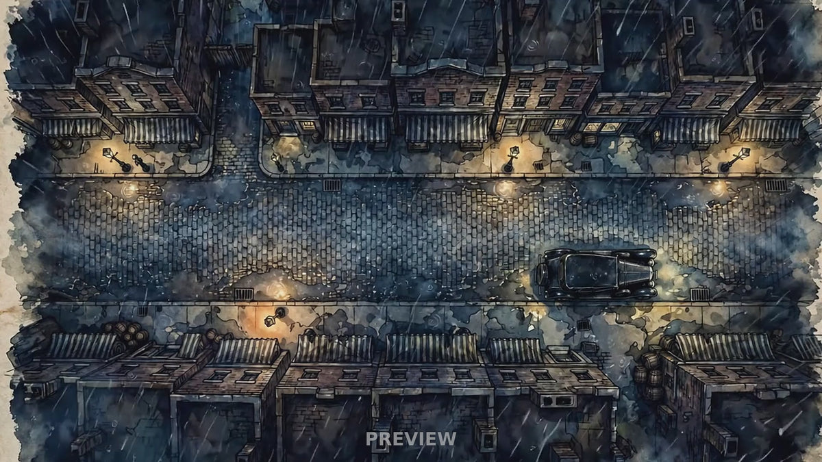 Preview: Rainy 1920s Arkham Street animated battlemap