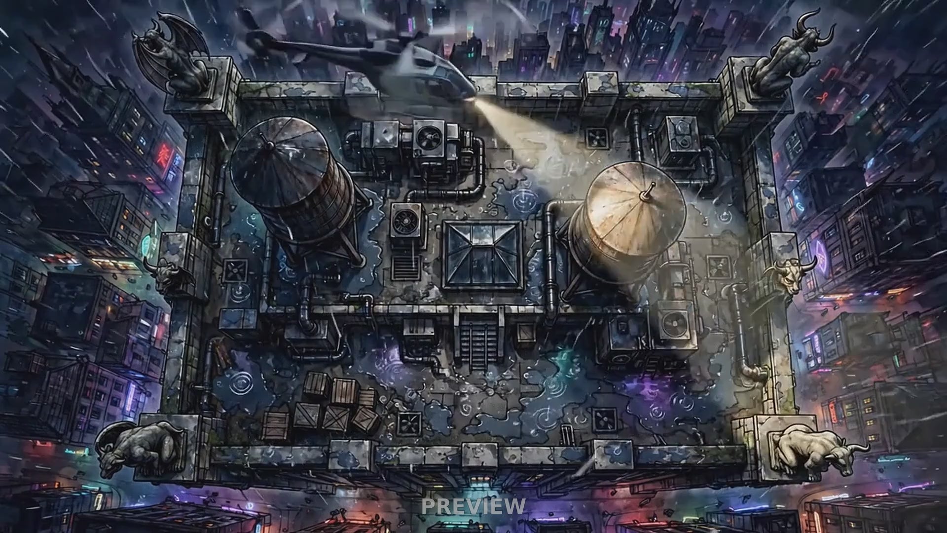 Preview: Rainy City Rooftop animated battlemap